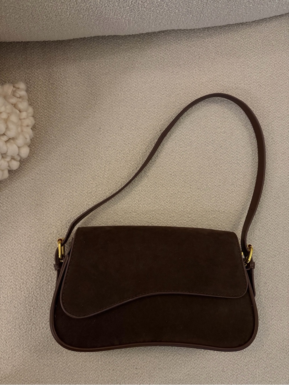 Dark Brown Suede Shoulder Bag with Curved Flap